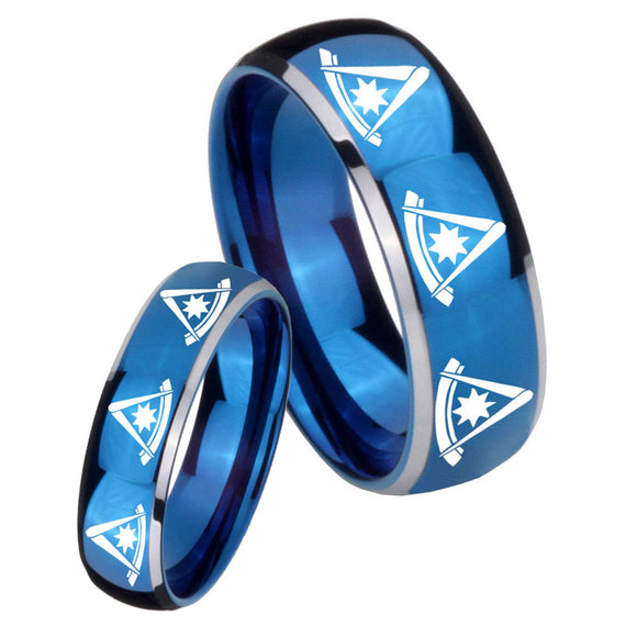 His Hers Multiple Pester Master Masonic Dome Blue 2 Tone Tungsten Bands Ring Set