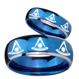 His Hers Multiple Pester Master Masonic Dome Blue 2 Tone Tungsten Bands Ring Set