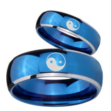 Bride and Groom Yin Yang Dome Blue 2 Tone Tungsten Carbide Custom Mens Ring Set