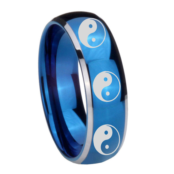 8mm Multiple Yin Yang Dome Blue 2 Tone Tungsten Carbide Anniversary Ring