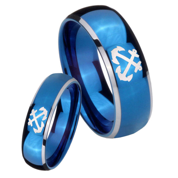 Bride and Groom Anchor Dome Blue 2 Tone Tungsten Mens Anniversary Ring Set