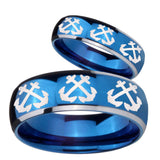 Bride and Groom Multiple Anchor Dome Blue 2 Tone Tungsten Men's Band Ring Set