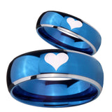 Bride and Groom Heart Dome Blue 2 Tone Tungsten Carbide Men's Promise Rings Set