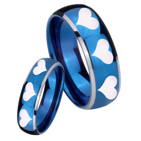 Bride and Groom Multiple Heart Dome Blue 2 Tone Tungsten Carbide Mens Ring Set