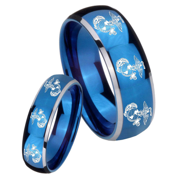 Bride and Groom Multiple Marine Dome Blue 2 Tone Tungsten Mens Bands Ring Set