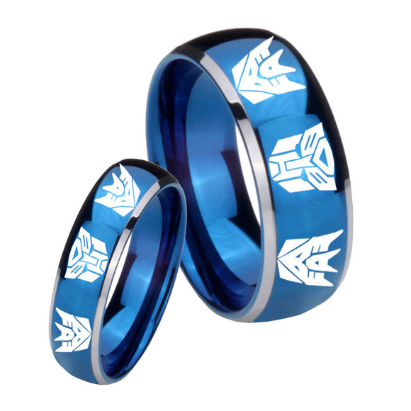 His Hers Transformers Autobot Decepticon Dome Blue 2 Tone Tungsten Men's Band Set