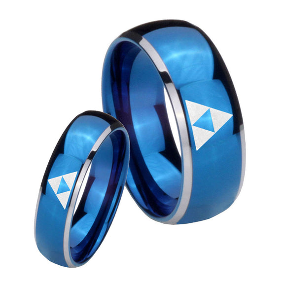 Bride and Groom Zelda Triforce Dome Blue 2 Tone Tungsten Anniversary Ring Set