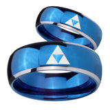 Bride and Groom Zelda Triforce Dome Blue 2 Tone Tungsten Anniversary Ring Set