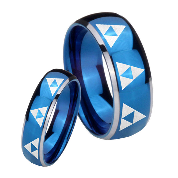 His Hers Multiple Zelda Triforce Dome Blue 2 Tone Tungsten Bands Ring Set
