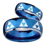 His Hers Multiple Zelda Triforce Dome Blue 2 Tone Tungsten Bands Ring Set