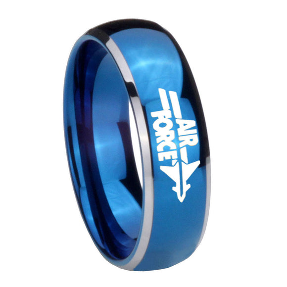 8MM Glossy Blue Dome Air Force Tungsten Carbide 2 Tone Laser Engraved Ring