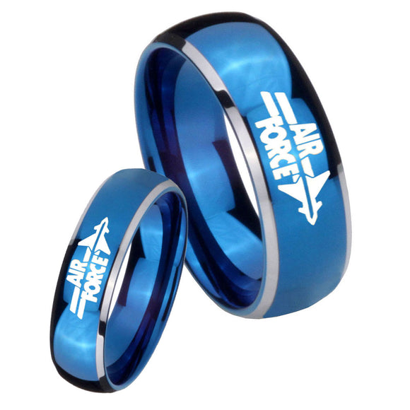 His Her Glossy Blue Dome Air Force Two Tone Tungsten Wedding Rings Set