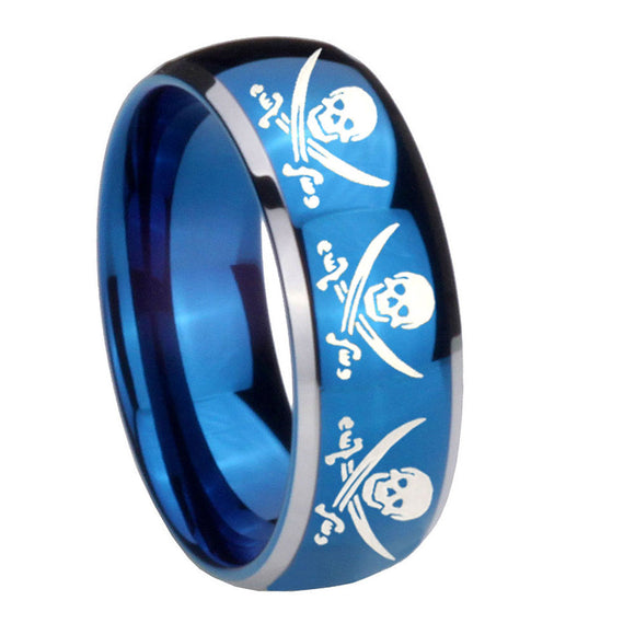 8mm Multiple Skull Pirate Dome Blue 2 Tone Tungsten Carbide Engraved Ring