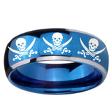 8mm Multiple Skull Pirate Dome Blue 2 Tone Tungsten Carbide Engraved Ring
