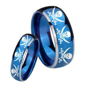 His Hers Multiple Skull Pirate Dome Blue 2 Tone Tungsten Custom Mens Ring Set