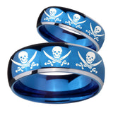 His Hers Multiple Skull Pirate Dome Blue 2 Tone Tungsten Custom Mens Ring Set