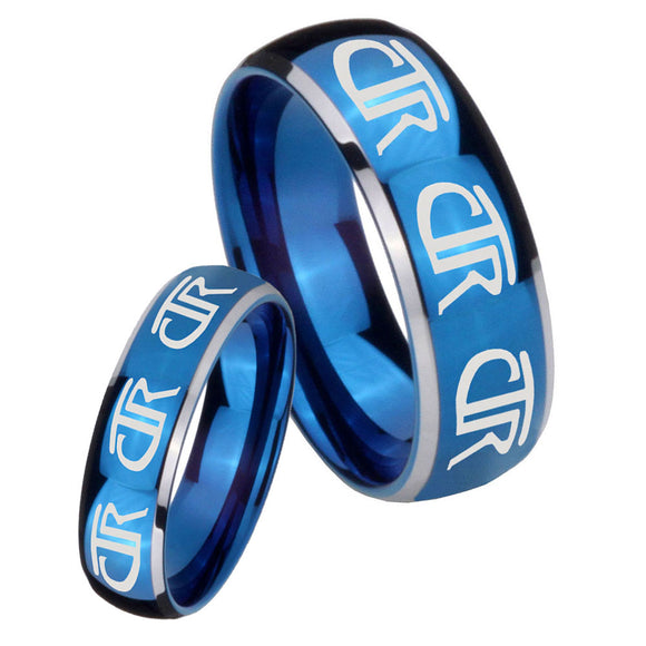 Bride and Groom Multiple CTR Dome Blue 2 Tone Tungsten Personalized Ring Set