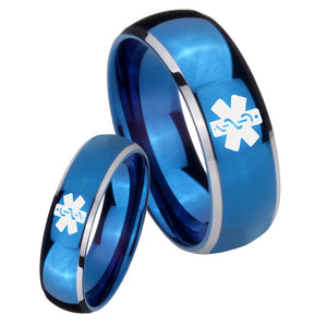 Bride and Groom Medical Alert Dome Blue 2 Tone Tungsten Rings for Men Set