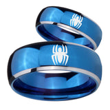 Bride and Groom Spiderman Dome Blue 2 Tone Tungsten Men's Engagement Band Set