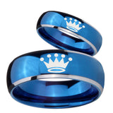 Bride and Groom Crown Dome Blue 2 Tone Tungsten Carbide Anniversary Ring Set