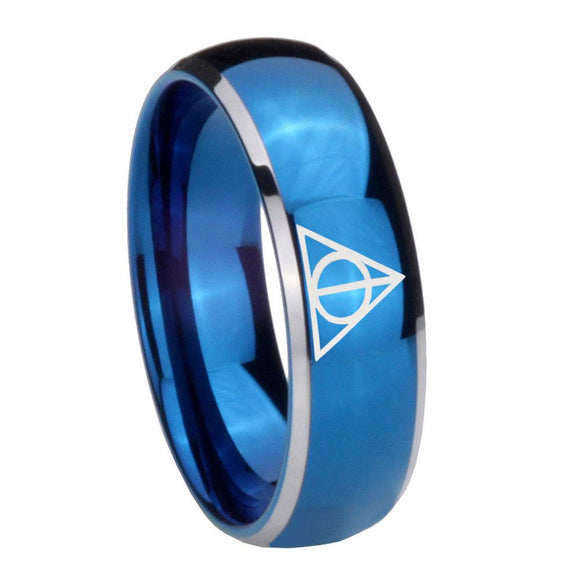 8mm Deathly Hallows Dome Blue 2 Tone Tungsten Carbide Men's Bands Ring