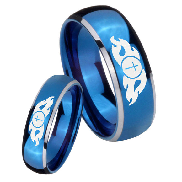 His and Hers Flamed Cross Dome Blue 2 Tone Tungsten Custom Ring for Men Set
