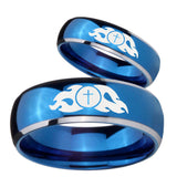 His and Hers Flamed Cross Dome Blue 2 Tone Tungsten Custom Ring for Men Set