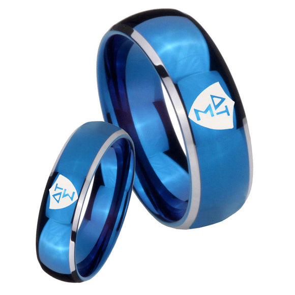 Bride and Groom Greek CTR Dome Blue 2 Tone Tungsten Carbide Engraved Ring Set