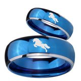 Bride and Groom Horse Dome Blue 2 Tone Tungsten Carbide Men's Band Ring Set