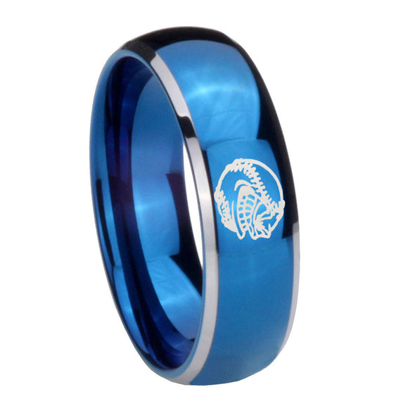 8mm Angry Baseball Dome Blue 2 Tone Tungsten Carbide Wedding Band Mens