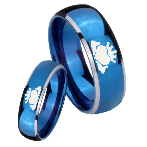 His Hers Claddagh Design Dome Blue 2 Tone Tungsten Mens Engagement Band Set