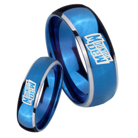 Bride and Groom Mountain Dew Dome Blue 2 Tone Tungsten Personalized Ring Set