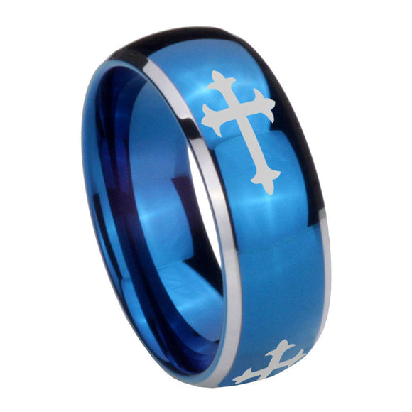 8mm Christian Cross Religious Dome Blue 2 Tone Tungsten Carbide Mens Wedding Band