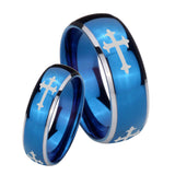 His Hers Christian Cross Religious Dome Blue 2 Tone Tungsten Mens Engagement Band Set