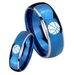 Bride and Groom Basketball Dome Blue 2 Tone Tungsten Mens Ring Engraved Set