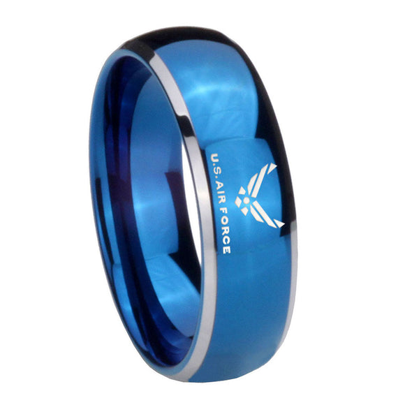 8MM Glossy Blue Dome US Air Force Tungsten Carbide 2 Tone Laser Engraved Ring