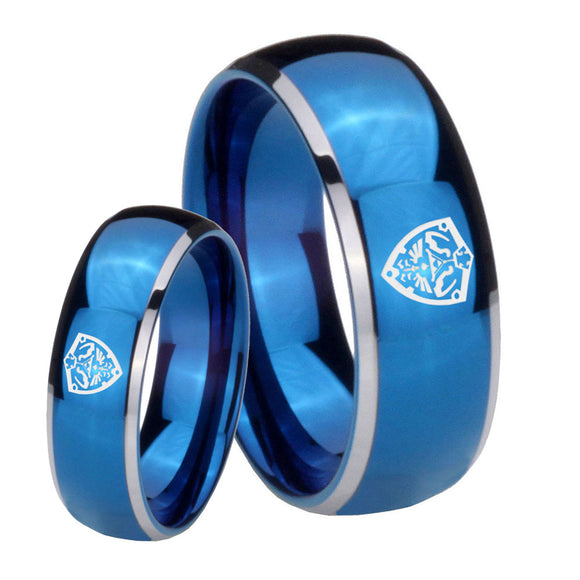 His and Hers Zelda Hylian Shield Dome Blue 2 Tone Tungsten Rings for Men Set