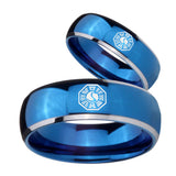 Bride and Groom Lost Dharma Dome Blue 2 Tone Tungsten Wedding Band Mens Set