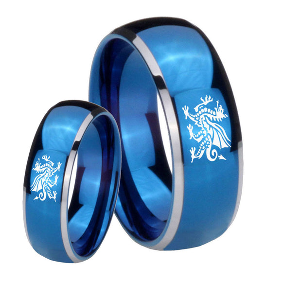 Bride and Groom Dragon Dome Blue 2 Tone Tungsten Carbide Wedding Bands Ring Set