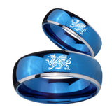 Bride and Groom Dragon Dome Blue 2 Tone Tungsten Carbide Wedding Bands Ring Set