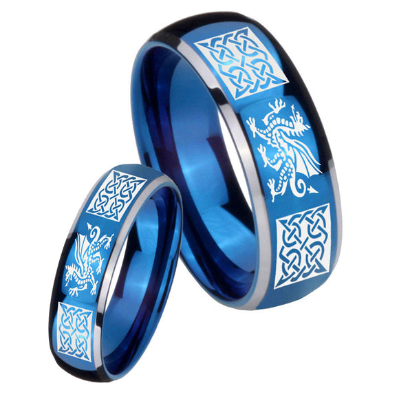 His Hers Multiple Dragon Celtic Dome Blue 2 Tone Tungsten Custom Mens Ring Set