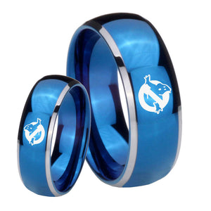 His Hers Ghostbusters Dome Blue 2 Tone Tungsten Wedding Engagement Ring Set