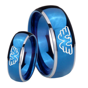 Bride and Groom Waylon Jennings Dome Blue 2 Tone Tungsten Carbide Bands Ring Set