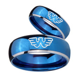 Bride and Groom Waylon Jennings Dome Blue 2 Tone Tungsten Carbide Bands Ring Set