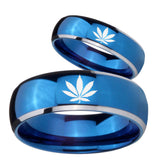 His Hers Marijuana Leaf Dome Blue 2 Tone Tungsten Mens Ring Personalized Set