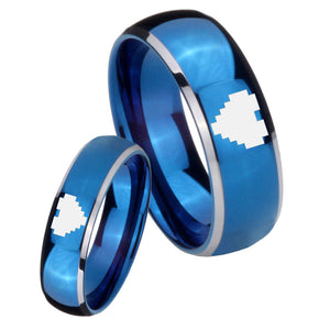 His Her Glossy Blue Dome Zelda Heart Two Tone Tungsten Wedding Rings Set