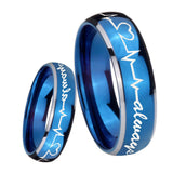 8mm Heart Beat forever Heart always Dome Blue 2 Tone Tungsten Engraved Ring