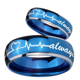His Hers Heart Beat forever Heart always Dome Blue 2 Tone Tungsten Mens Ring Set