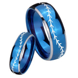 His and Hers Baseball Stitch Dome Blue 2 Tone Tungsten Personalized Ring Set
