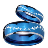 His and Hers Baseball Stitch Dome Blue 2 Tone Tungsten Personalized Ring Set